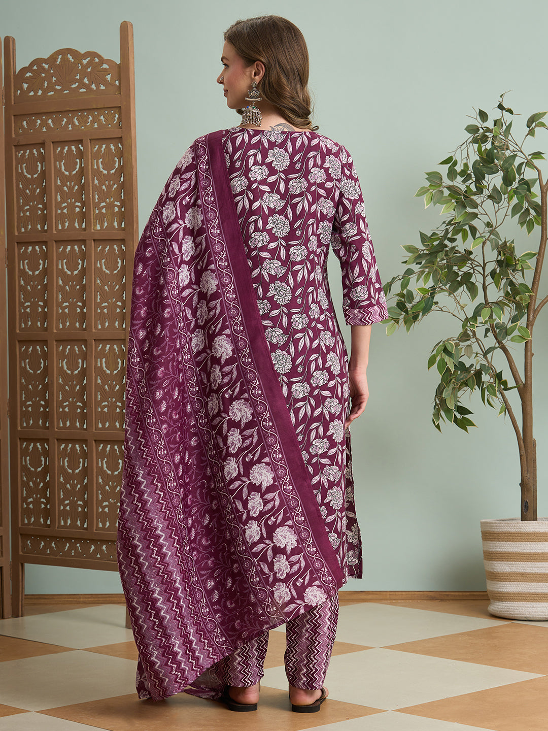 Ethnic Floral Printed Embroidered Straight Fit Kurta with Pant and Dupatta - Burgundy