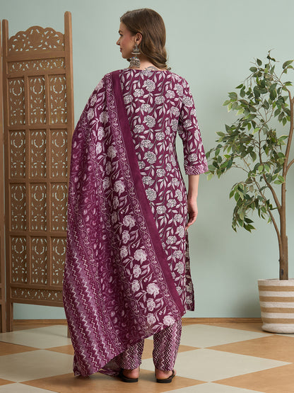 Ethnic Floral Printed Embroidered Straight Fit Kurta with Pant and Dupatta - Burgundy