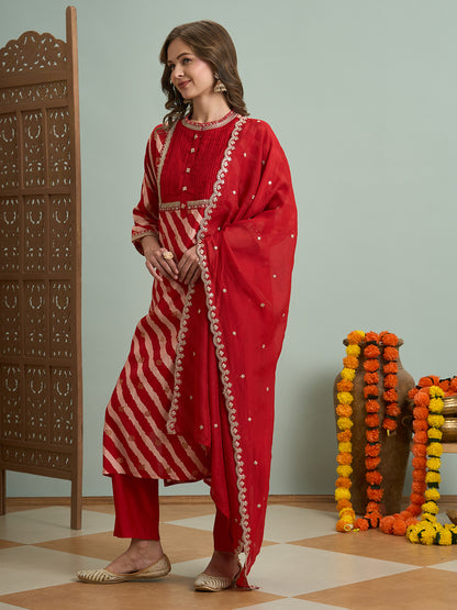 Leheriya Printed Embroidered Straight Fit Kurta with Pant and Dupatta - Red