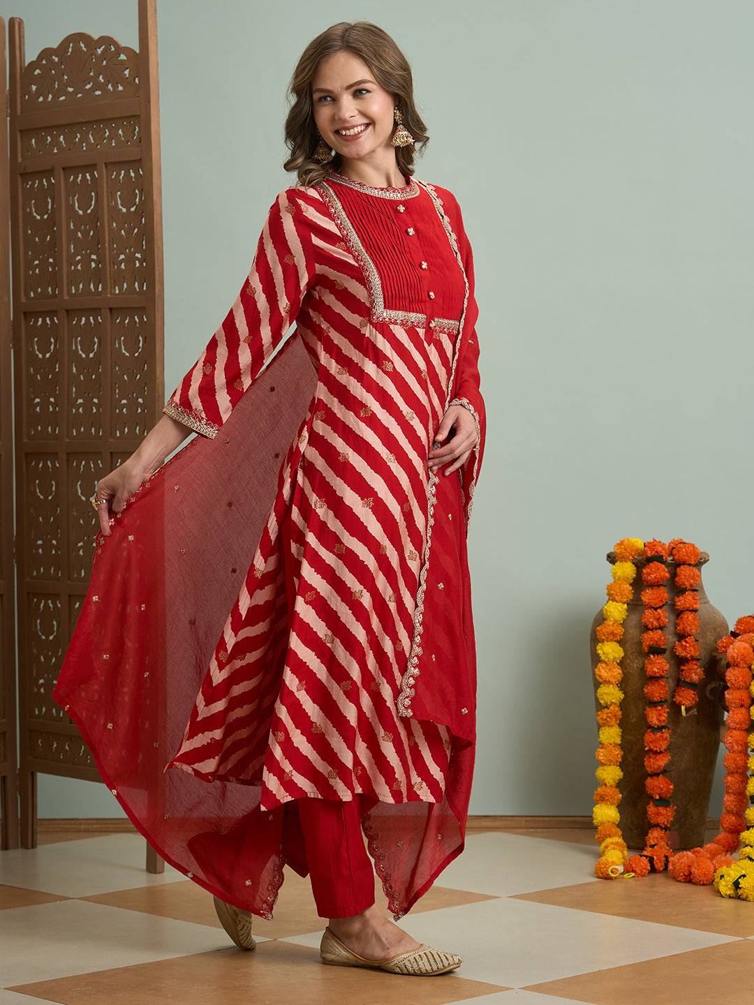 Leheriya Printed Embroidered Straight Fit Kurta with Pant and Dupatta - Red