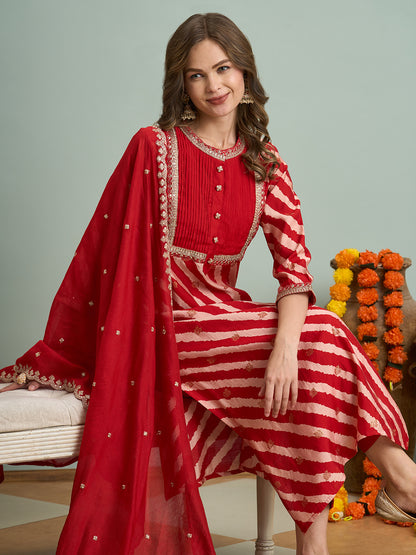 Leheriya Printed Embroidered Straight Fit Kurta with Pant and Dupatta - Red