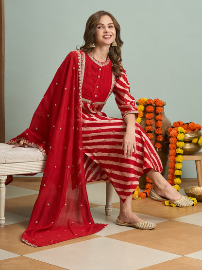 Leheriya Printed Embroidered Straight Fit Kurta with Pant and Dupatta - Red