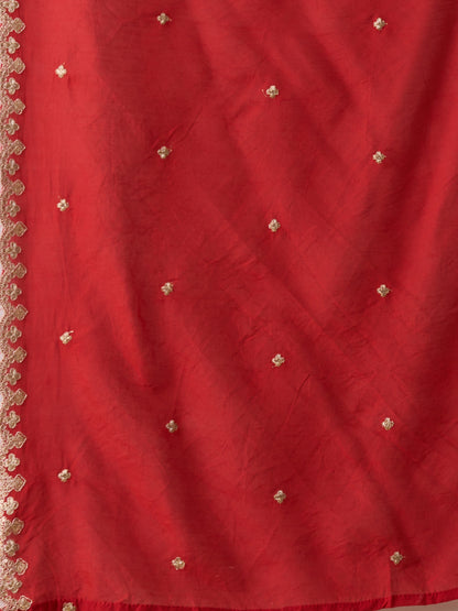 Leheriya Printed Embroidered Straight Fit Kurta with Pant and Dupatta - Red
