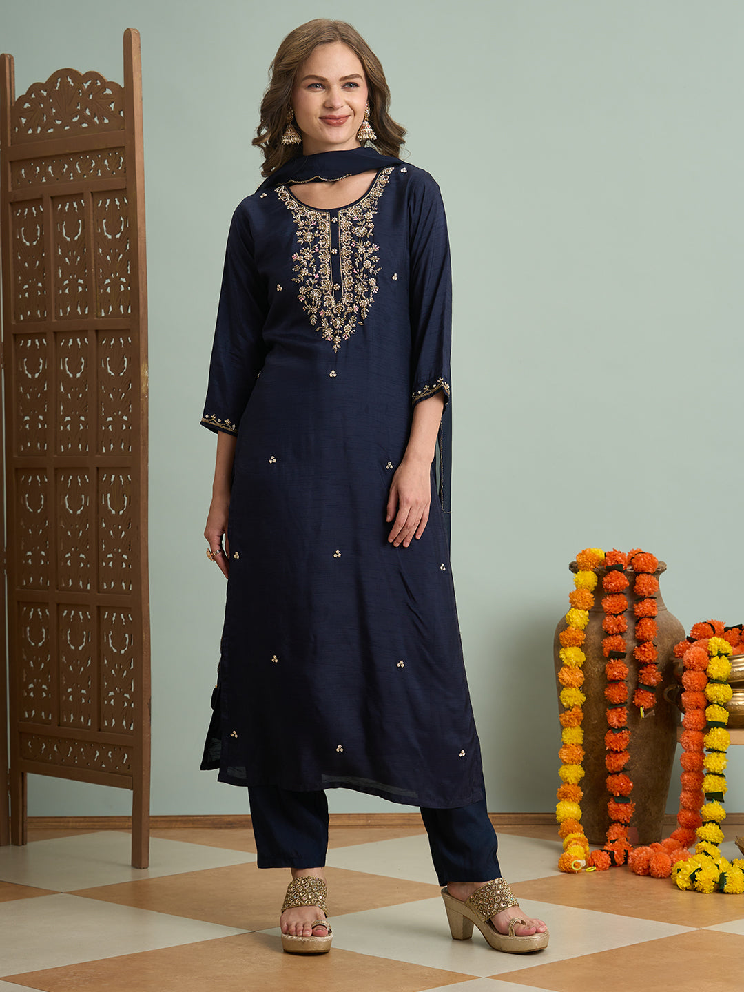 Solid Ethnic Hand Embroidered Straight Kurta with Palazzo & Dupatta - Navy Blue