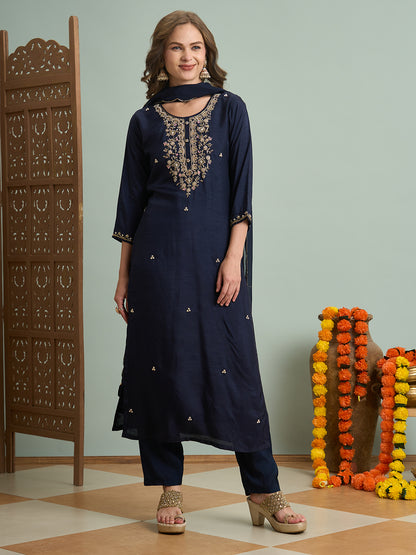 Solid Ethnic Hand Embroidered Straight Kurta with Palazzo & Dupatta - Navy Blue
