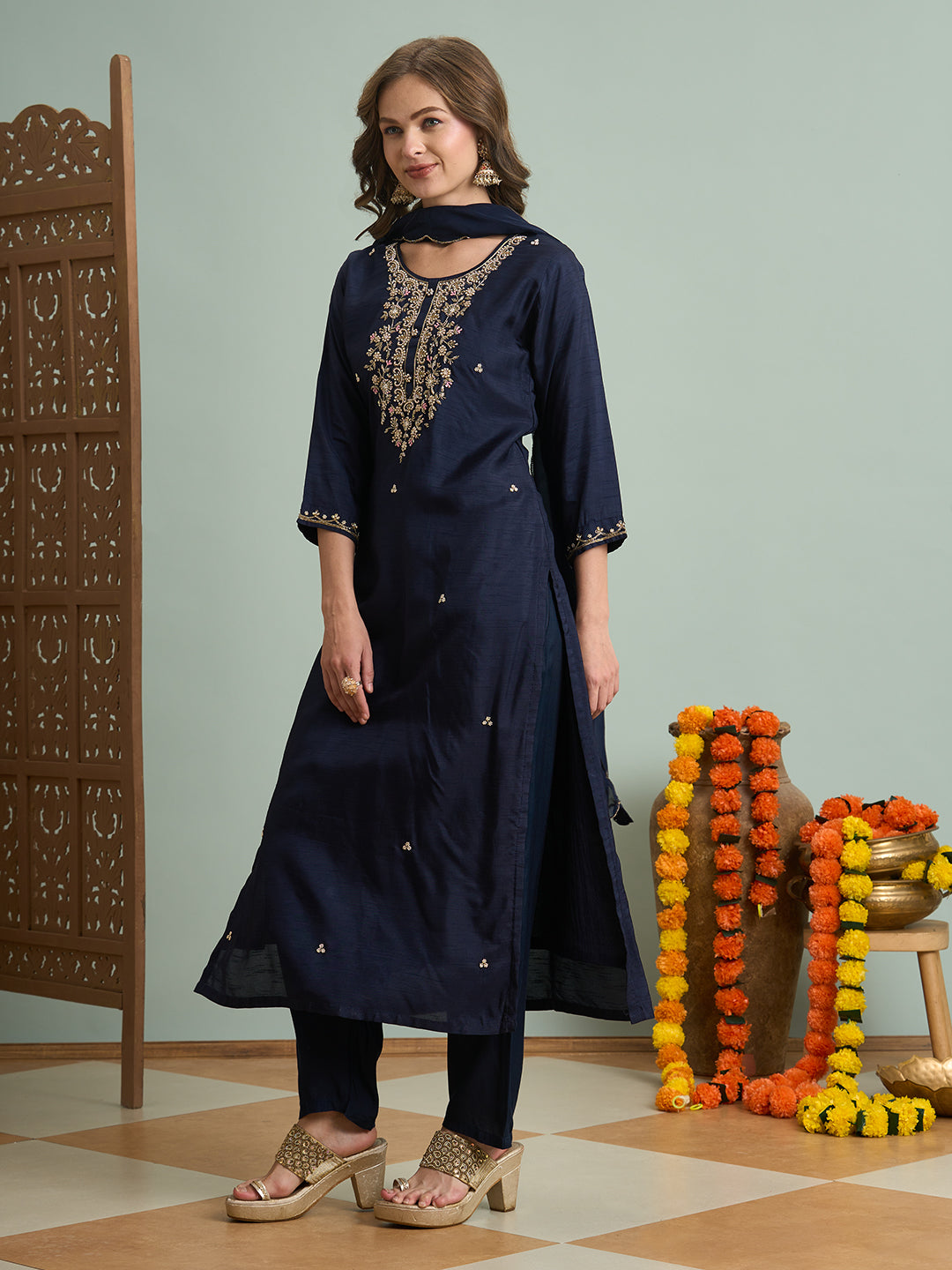 Solid Ethnic Hand Embroidered Straight Kurta with Palazzo & Dupatta - Navy Blue