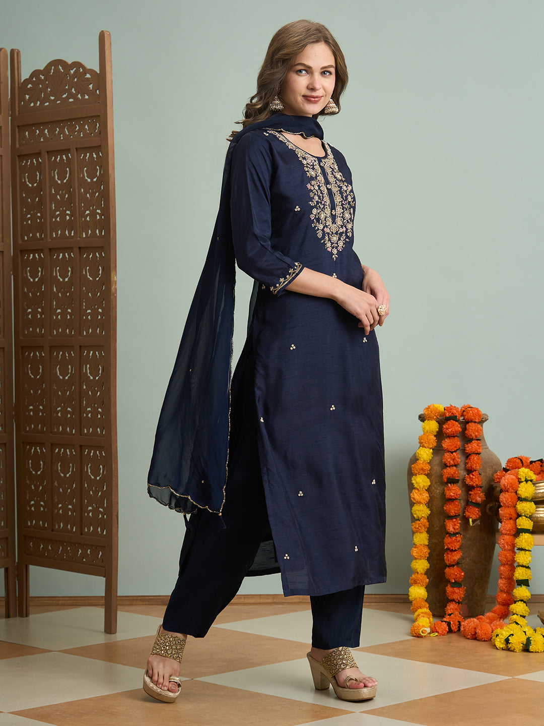 Solid Ethnic Hand Embroidered Straight Kurta with Palazzo & Dupatta - Navy Blue