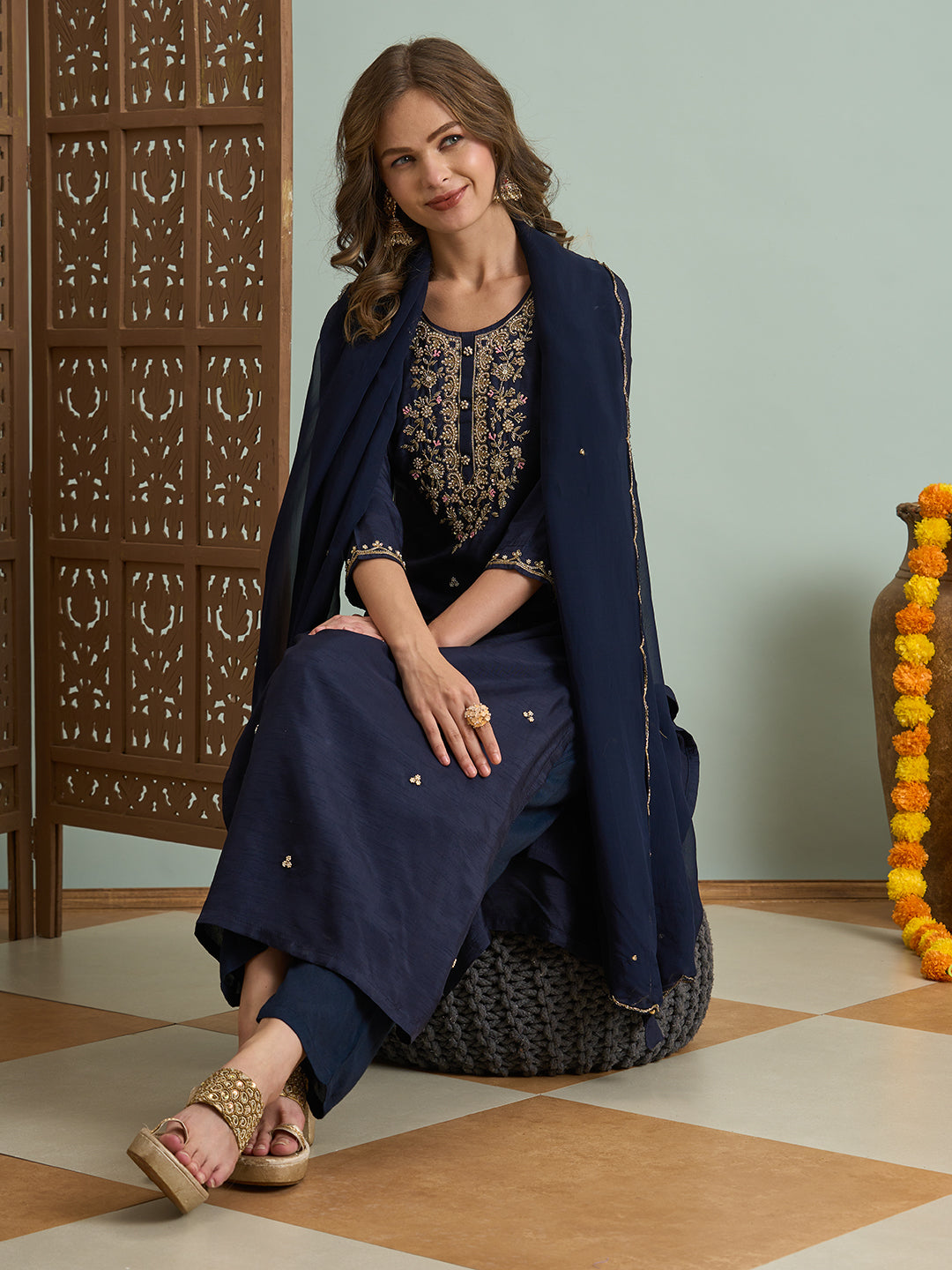 Solid Ethnic Hand Embroidered Straight Kurta with Palazzo & Dupatta - Navy Blue