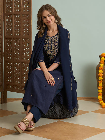 Solid Ethnic Hand Embroidered Straight Kurta with Palazzo & Dupatta - Navy Blue