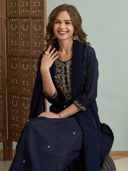 Solid Ethnic Hand Embroidered Straight Kurta with Palazzo & Dupatta - Navy Blue