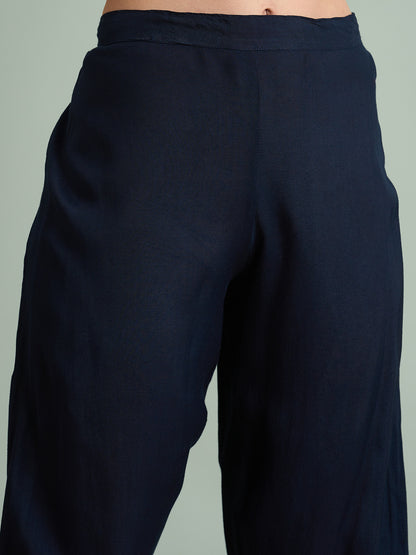 Solid Ethnic Hand Embroidered Straight Kurta with Palazzo & Dupatta - Navy Blue