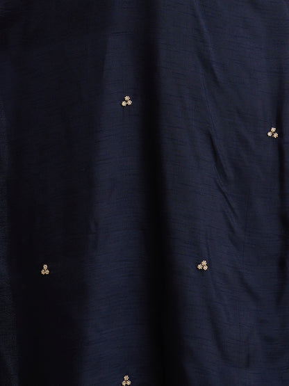 Solid Ethnic Hand Embroidered Straight Kurta with Palazzo & Dupatta - Navy Blue