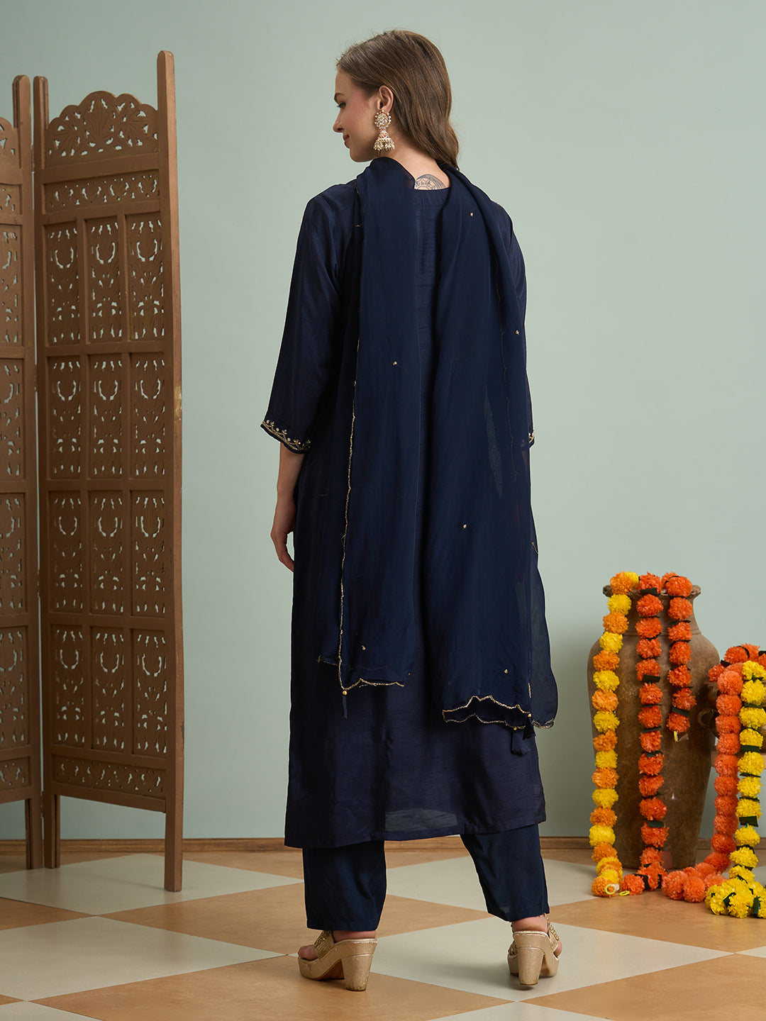 Solid Ethnic Hand Embroidered Straight Kurta with Palazzo & Dupatta - Navy Blue