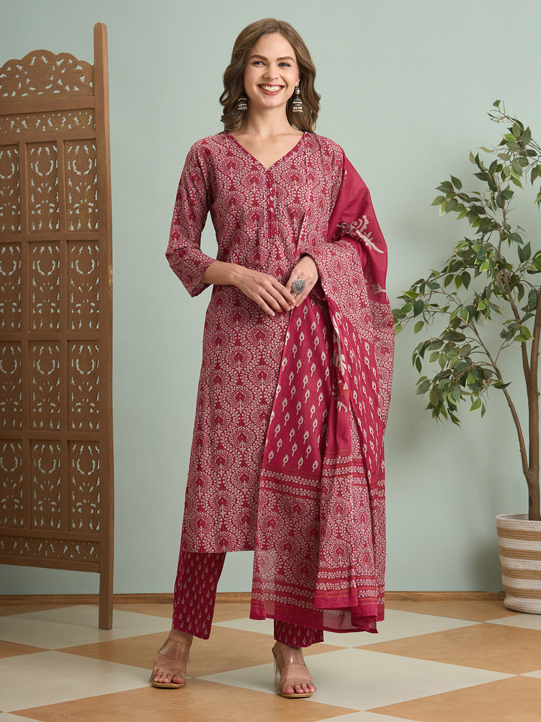 Ethnic Printed Straight Fit Kurta with Pant & Dupatta - Pink
