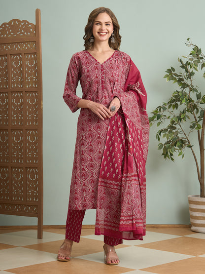 Ethnic Printed Straight Fit Kurta with Pant & Dupatta - Pink