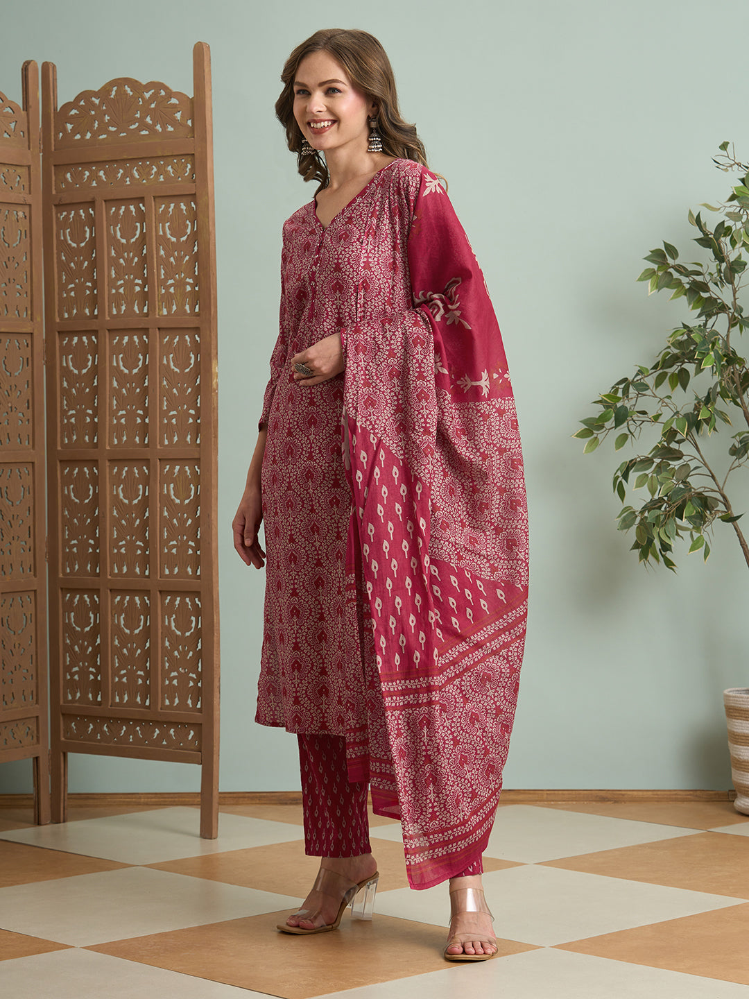 Ethnic Printed Straight Fit Kurta with Pant & Dupatta - Pink