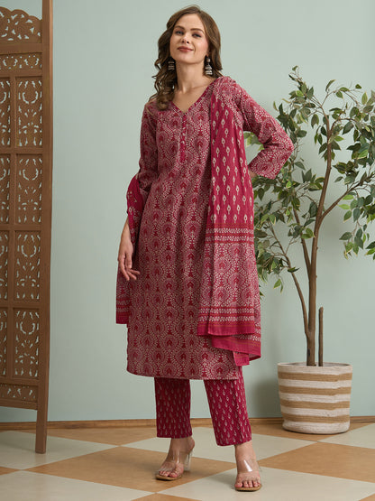Ethnic Printed Straight Fit Kurta with Pant & Dupatta - Pink
