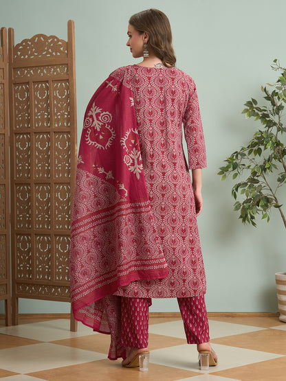 Ethnic Printed Straight Fit Kurta with Pant & Dupatta - Pink