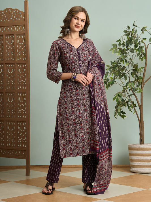 Ethnic Printed Straight Fit Kurta with Pant & Dupatta - Purple
