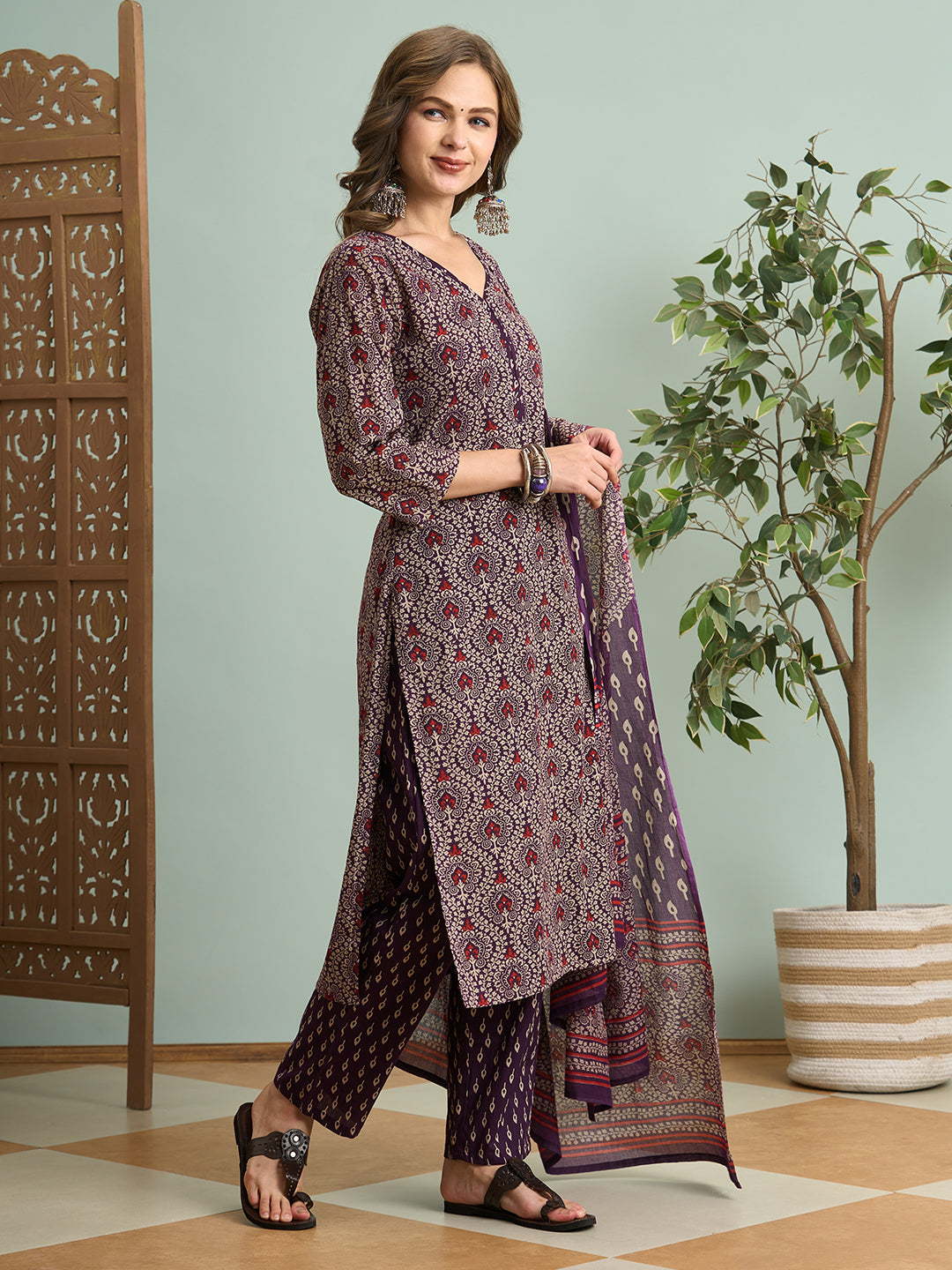 Ethnic Printed Straight Fit Kurta with Pant & Dupatta - Purple