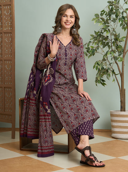 Ethnic Printed Straight Fit Kurta with Pant & Dupatta - Purple