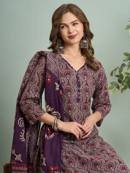 Ethnic Printed Straight Fit Kurta with Pant & Dupatta - Purple