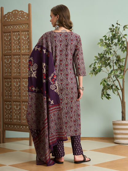 Ethnic Printed Straight Fit Kurta with Pant & Dupatta - Purple