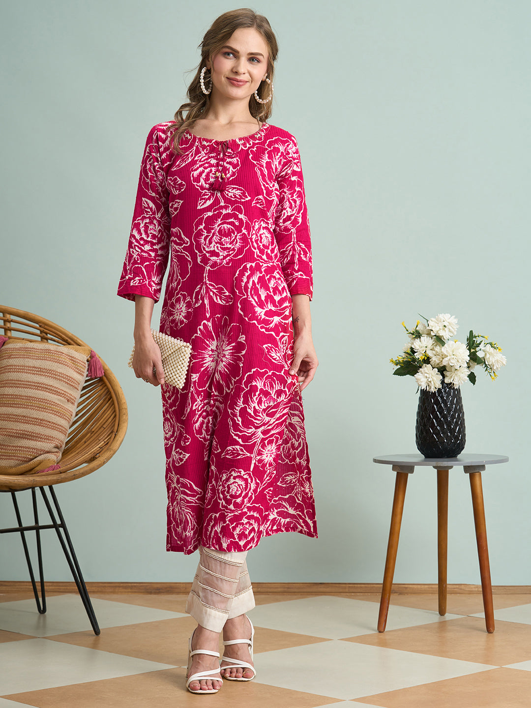 Abstract Floral Printed Straight Fit Kurta - Pink