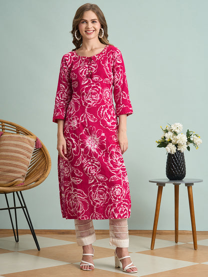 Abstract Floral Printed Straight Fit Kurta - Pink