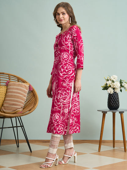 Abstract Floral Printed Straight Fit Kurta - Pink