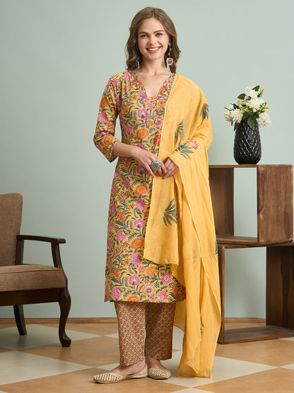 Ethnic Floral Printed Embroidered Straight Fit Kurta with Pant and Pure Cotton Dupatta - Yellow