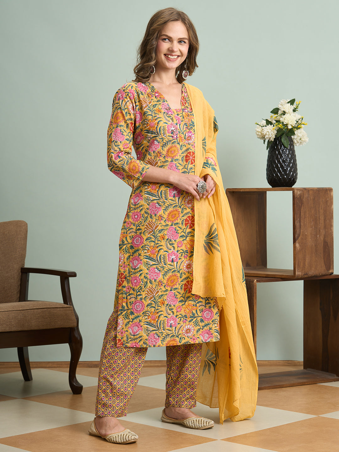 Ethnic Floral Printed Embroidered Straight Fit Kurta with Pant and Pure Cotton Dupatta - Yellow