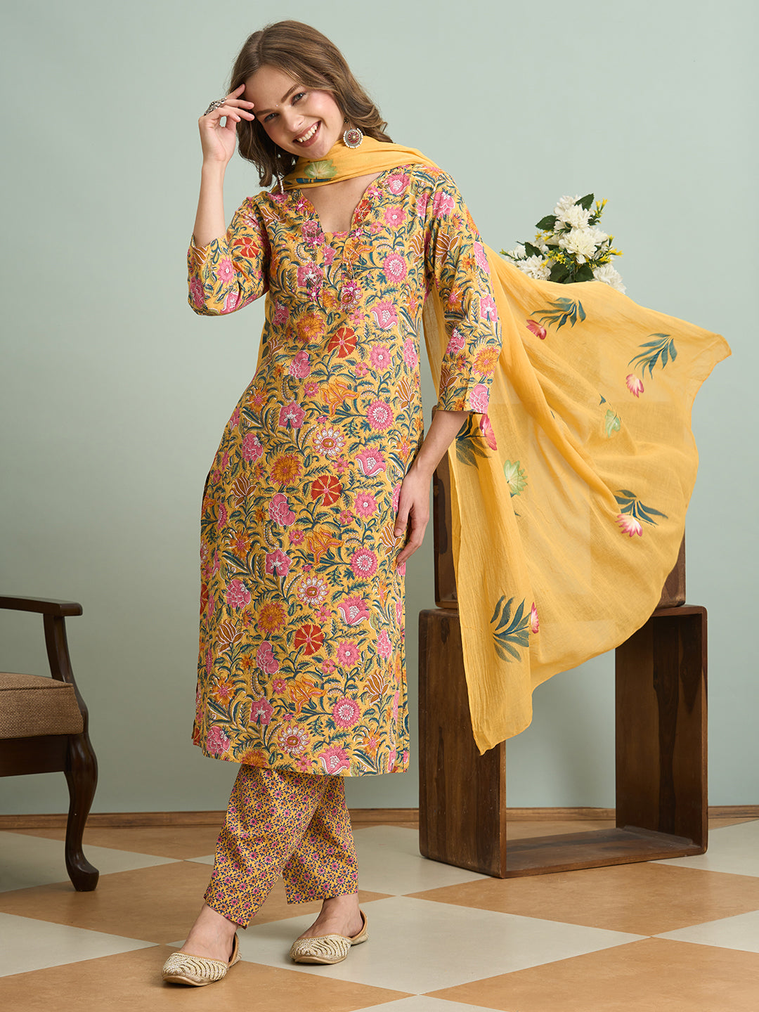 Ethnic Floral Printed Embroidered Straight Fit Kurta with Pant and Pure Cotton Dupatta - Yellow