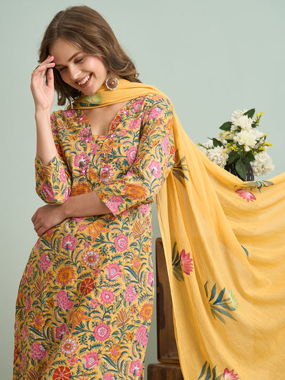 Ethnic Floral Printed Embroidered Straight Fit Kurta with Pant and Pure Cotton Dupatta - Yellow