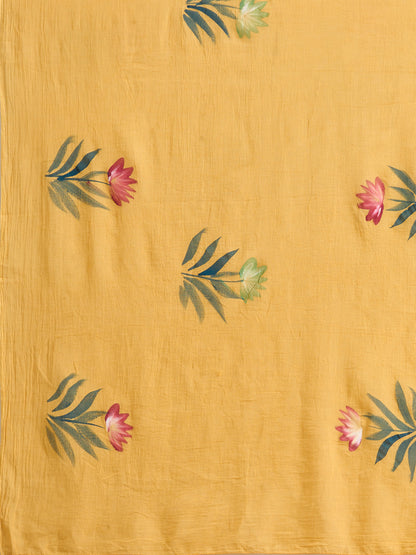Ethnic Floral Printed Embroidered Straight Fit Kurta with Pant and Pure Cotton Dupatta - Yellow