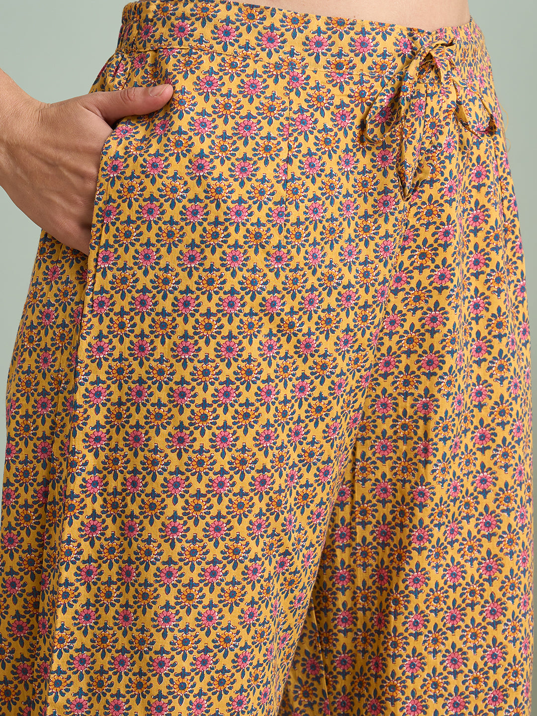 Ethnic Floral Printed Embroidered Straight Fit Kurta with Pant and Pure Cotton Dupatta - Yellow