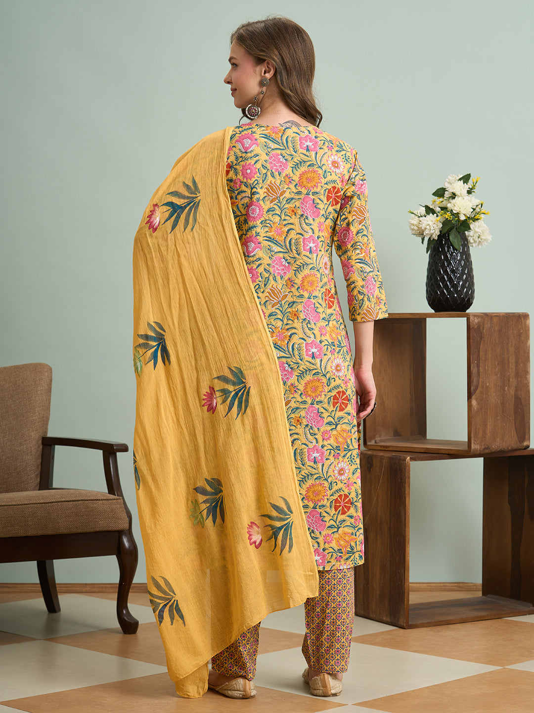 Ethnic Floral Printed Embroidered Straight Fit Kurta with Pant and Pure Cotton Dupatta - Yellow