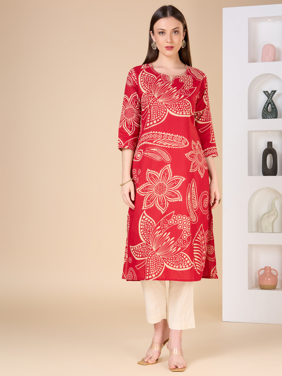 Abstract Floral Printed Straight Fit Kurta - Maroon