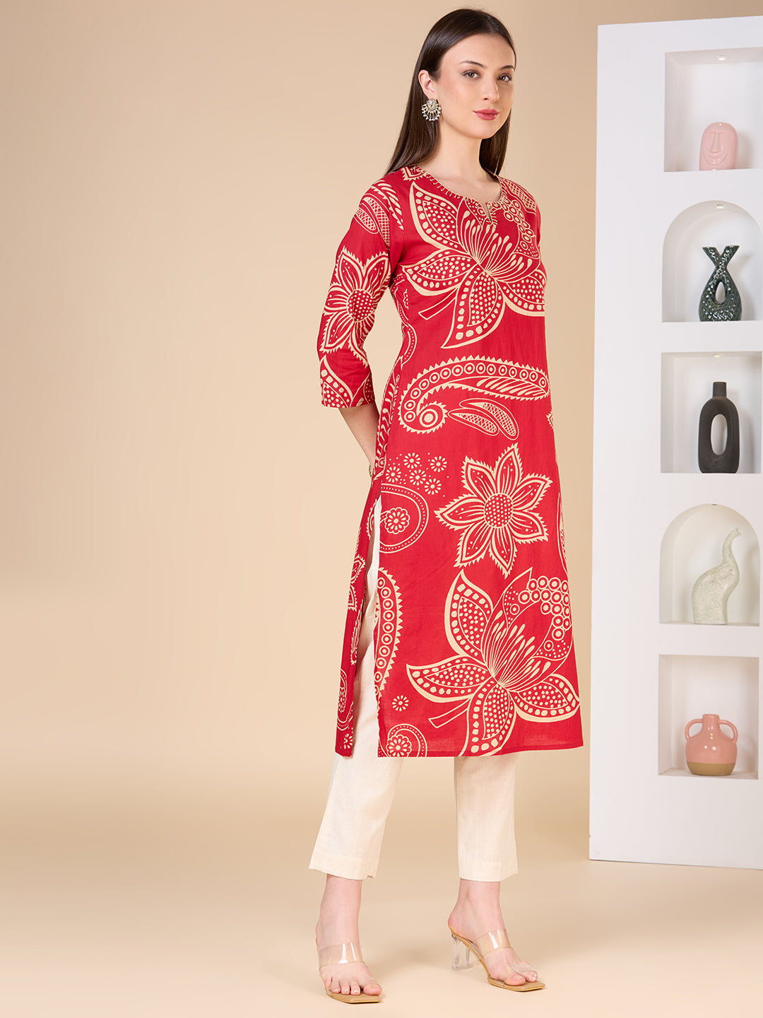 Abstract Floral Printed Straight Fit Kurta - Maroon