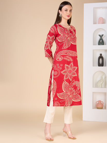 Abstract Floral Printed Straight Fit Kurta - Maroon