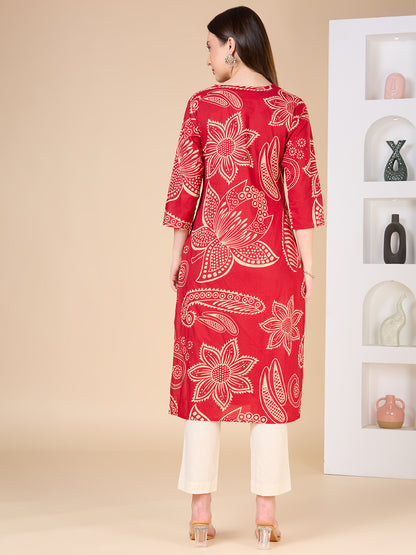 Abstract Floral Printed Straight Fit Kurta - Maroon