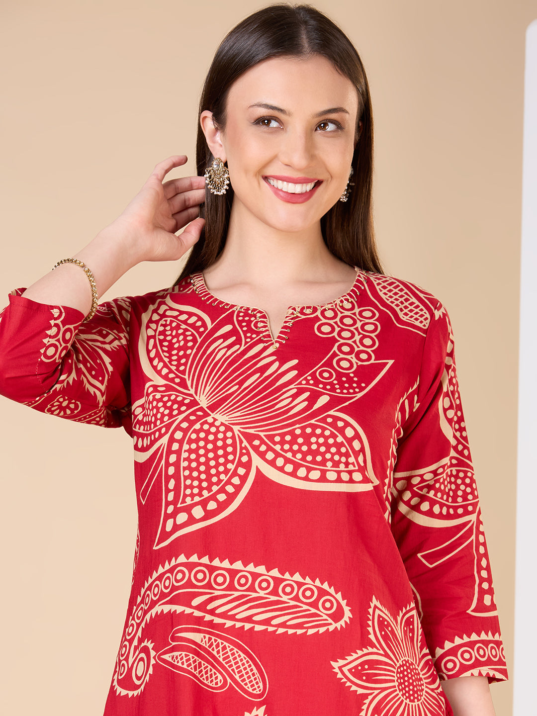 Abstract Floral Printed Straight Fit Kurta - Maroon