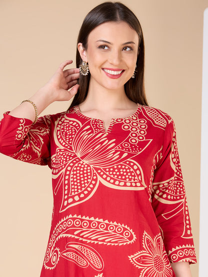 Abstract Floral Printed Straight Fit Kurta - Maroon