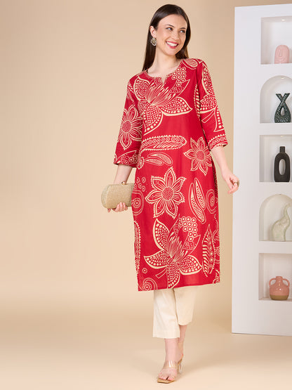 Abstract Floral Printed Straight Fit Kurta - Maroon