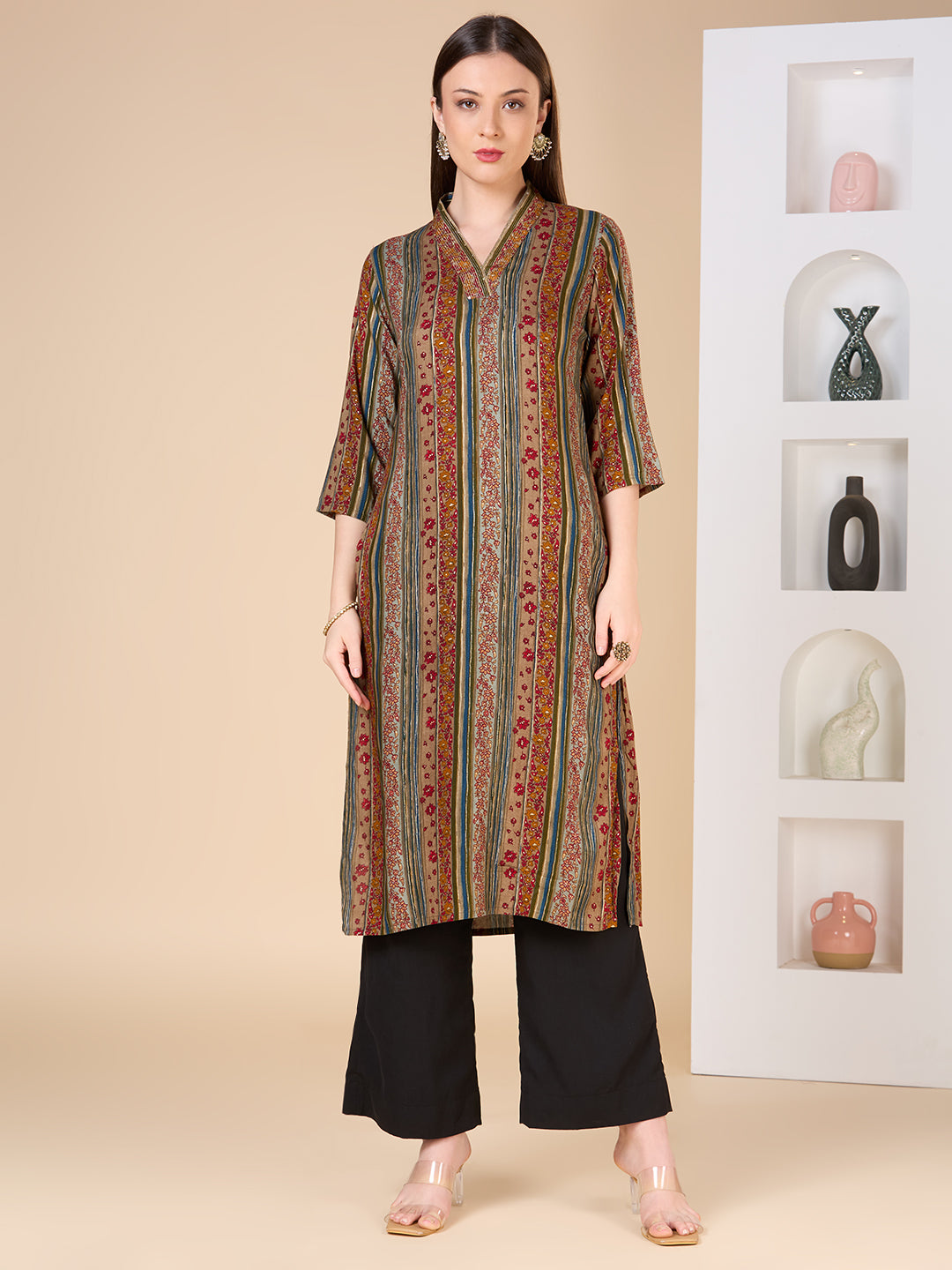 Ethnic Floral & Stripes Printed Embroidered Straight Fit Kurta - Multi