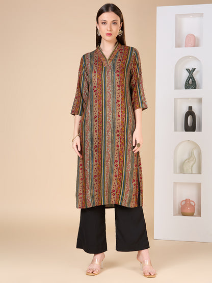 Ethnic Floral & Stripes Printed Embroidered Straight Fit Kurta - Multi