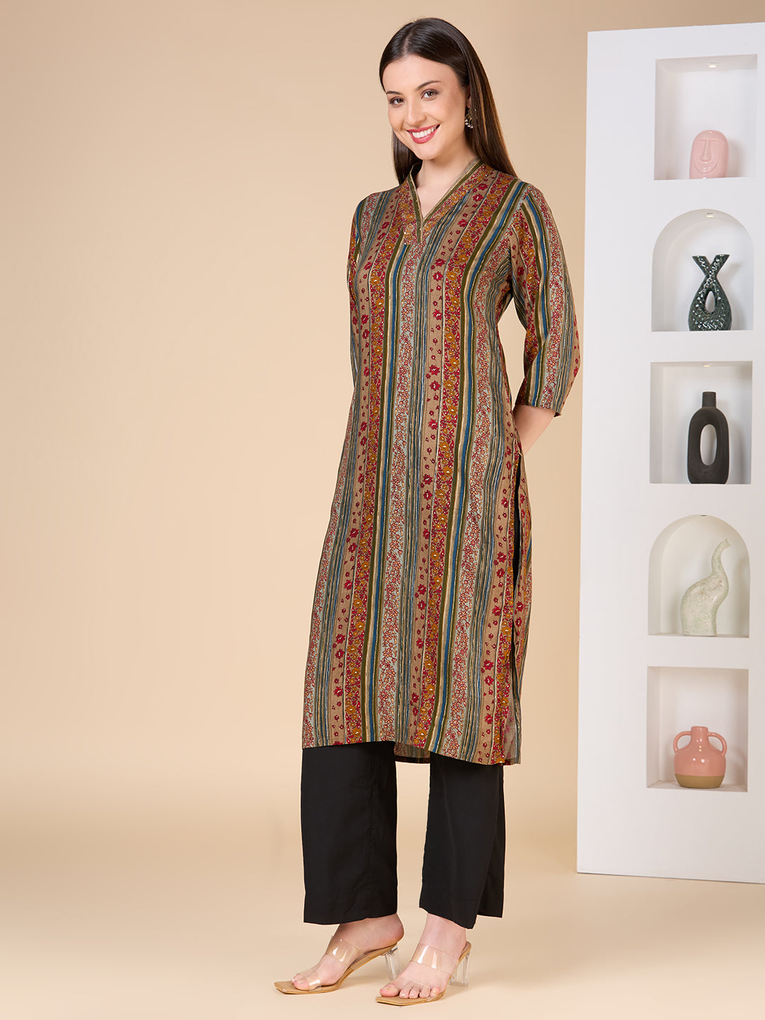Ethnic Floral & Stripes Printed Embroidered Straight Fit Kurta - Multi