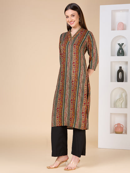 Ethnic Floral & Stripes Printed Embroidered Straight Fit Kurta - Multi