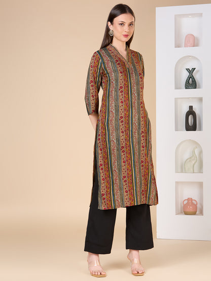 Ethnic Floral & Stripes Printed Embroidered Straight Fit Kurta - Multi