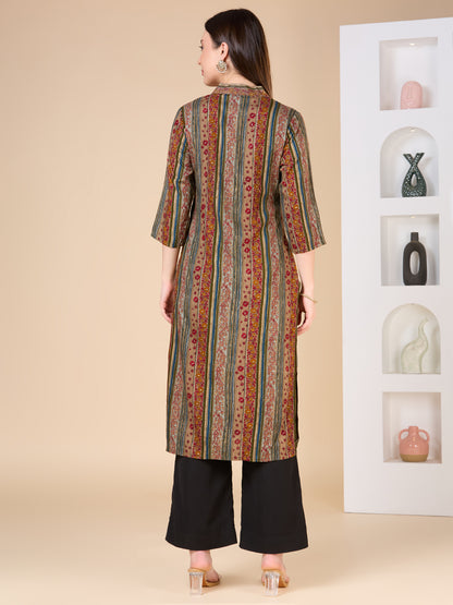 Ethnic Floral & Stripes Printed Embroidered Straight Fit Kurta - Multi